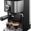 Bestron Espressomachine voor 2 kopjes, Pistonmachine met draaibare stoompijp, 15 Bar pompdruk, 1450W, kleur: zilver