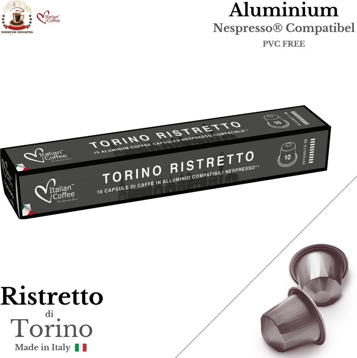 100 Nespresso compatibele cups - Ristretto Torino by Italian Coffee - Aluminium Capsules - PVC FREE 100 Nespresso compatibele cups - Ristretto Torino by Italian Coffee - Aluminium Capsules - PVC FREE