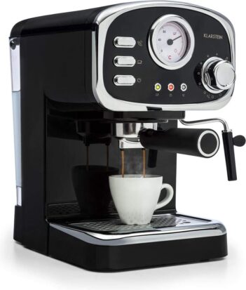 Klarstein Espressionata Gusto - espressomachine, retro-ontwerp, 1100 W stroomverbruik, 15 bar druk, afneembaar waterreservoir van 1,25 liter, stoompijp, temperatuurdisplay, zeefinzet, zwart