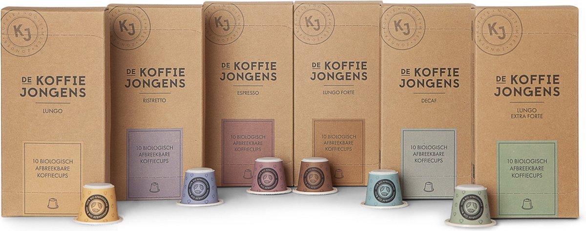 De Koffiejongens - Proefpakket - Nespresso cups - 100% biologisch afbreekbaar - 6x10 cups - Nespresso compatible De Koffiejongens - Proefpakket - Nespresso cups - 100% biologisch afbreekbaar - 6x10 cups - Nespresso compatible