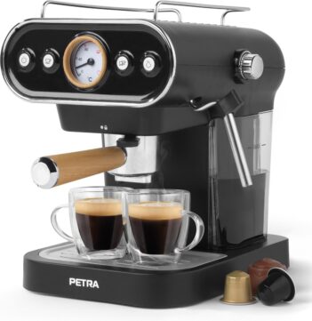 Petra Barista Pistonmachine met bonen 19Bar - Espressomachine met melkopschuimer - Kopjesverwarmer - Cups