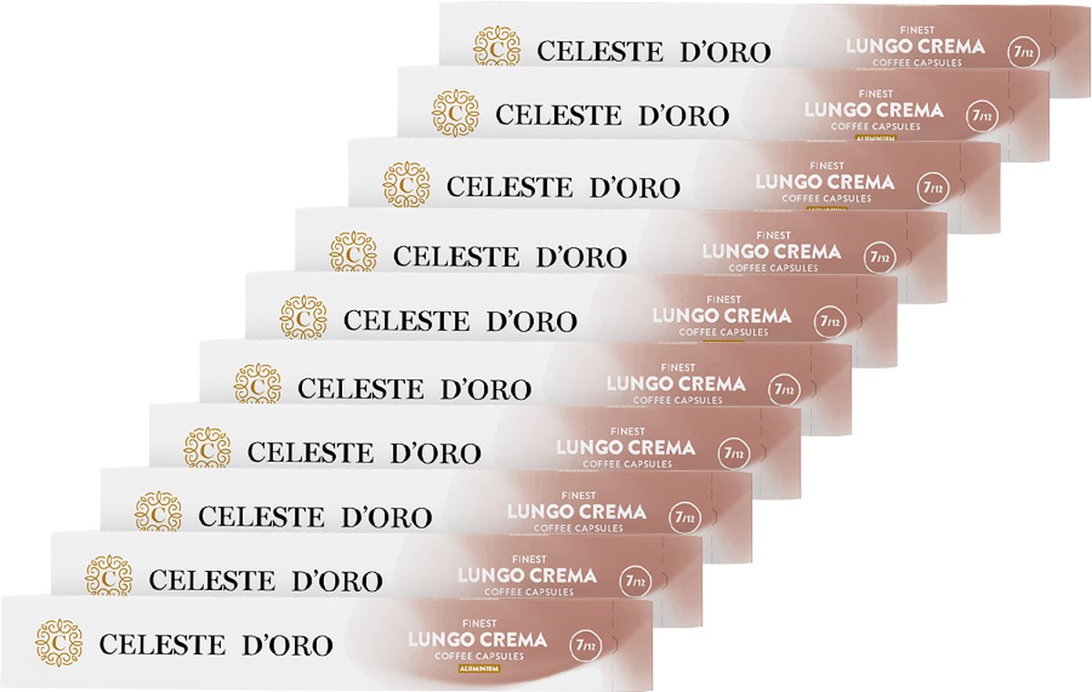 Celeste d'Oro - Finest Lungo Crema - Arabica - koffiecups - Nespresso Compatibel Capsules - Voor Ieder Moment - 10 x 10 cups Celeste d'Oro - Finest Lungo Crema - Arabica - koffiecups - Nespresso Compatibel Capsules - Voor Ieder Moment - 10 x 10 cups