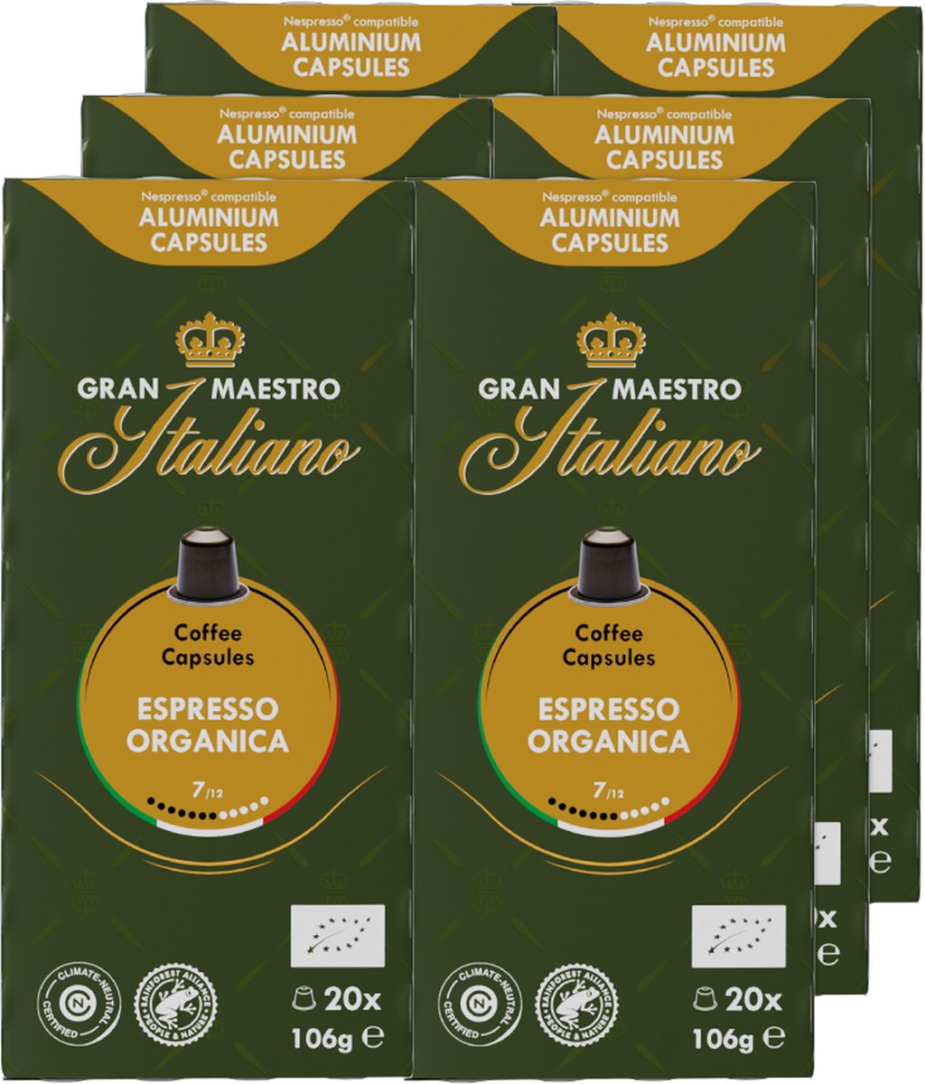 Gran Maestro Italiano - Espresso Organica - Koffiecups - Nespresso Compatibel Capsules - Biologisch - 6 x 20 cups Gran Maestro Italiano - Espresso Organica - Koffiecups - Nespresso Compatibel Capsules - Biologisch - 6 x 20 cups