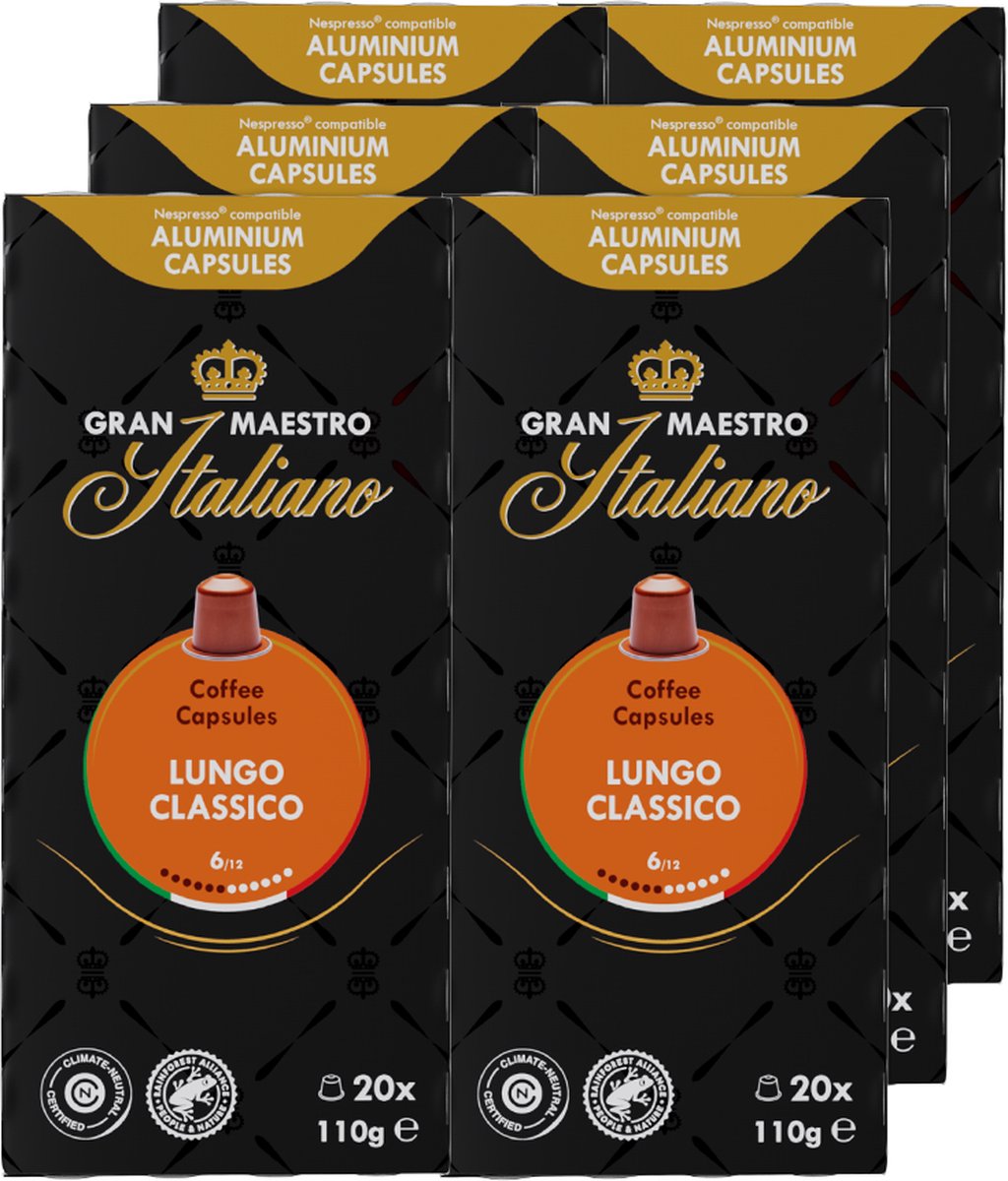 Gran Maestro Italiano - Lungo Classico - Koffiecups - Nespresso Compatibel Capsules - Mild-intense Smaak - 6 x 20 cups Gran Maestro Italiano - Lungo Classico - Koffiecups - Nespresso Compatibel Capsules - Mild-intense Smaak - 6 x 20 cups