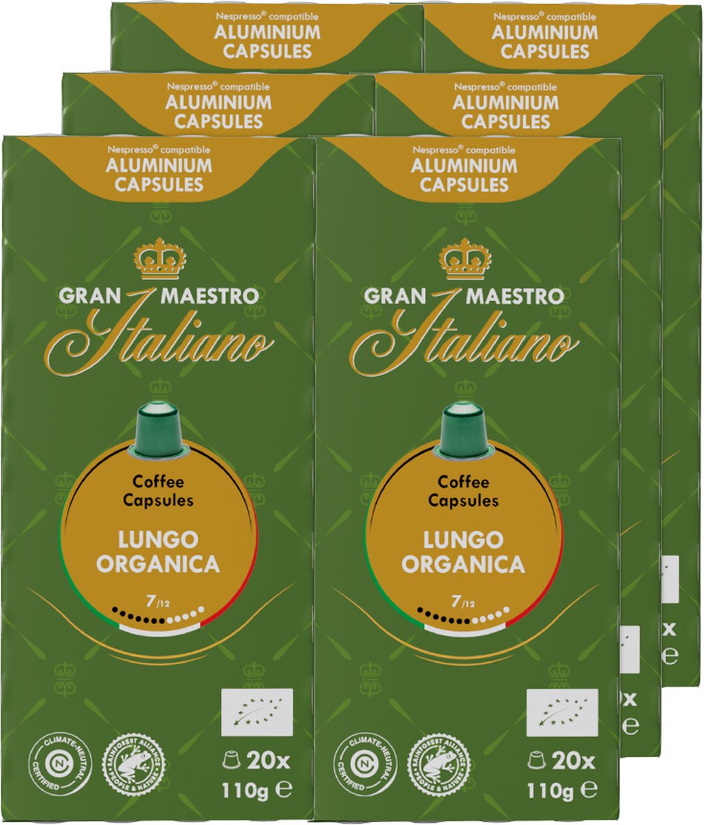 Gran Maestro Italiano - Lungo Organica - Koffiecups - Nespresso Compatibel Capsules - Biologisch - 6 x 20 cups Gran Maestro Italiano - Lungo Organica - Koffiecups - Nespresso Compatibel Capsules - Biologisch - 6 x 20 cups
