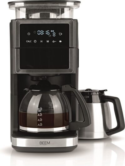 BEEM Koffiezetapparaat Perfect III - koffiemachine met molen - Incl. 2 koffiekannen - glazen kan - thermoskan -- Zwart/RVS - touch-screen